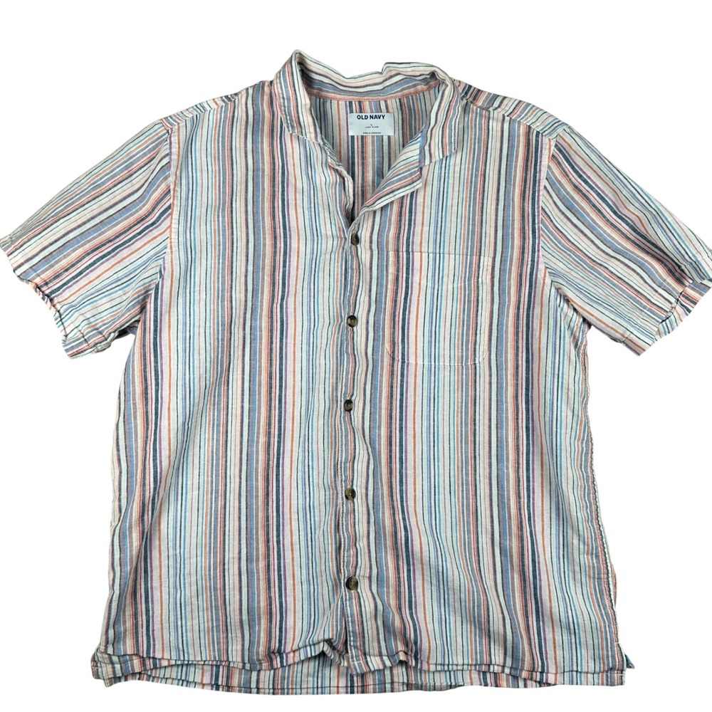 Old Navy Mens Large Linen Blend Short Sleeve Camp Shirt Striped Multicolor Boho